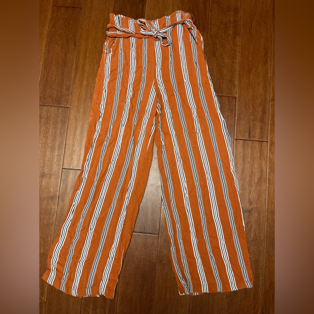 Forever 21 Women’s Flowy Orange Pants Removable Tie White & Black Stripe Size M